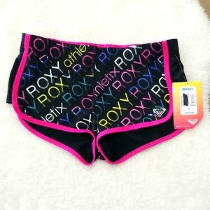 Roxyathletix size small shorts black with roxy label in multi color writing
